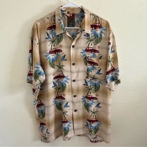 Pineapple Connection Car and Palm Tree Pattern Tan Hawaiian Short Sleeve Shirt L
